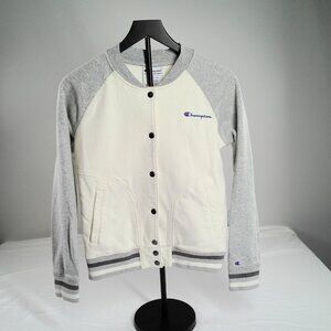 Champion Varsity Jacket Women’s Small Cream Gray Snap Button Raglan Fleece